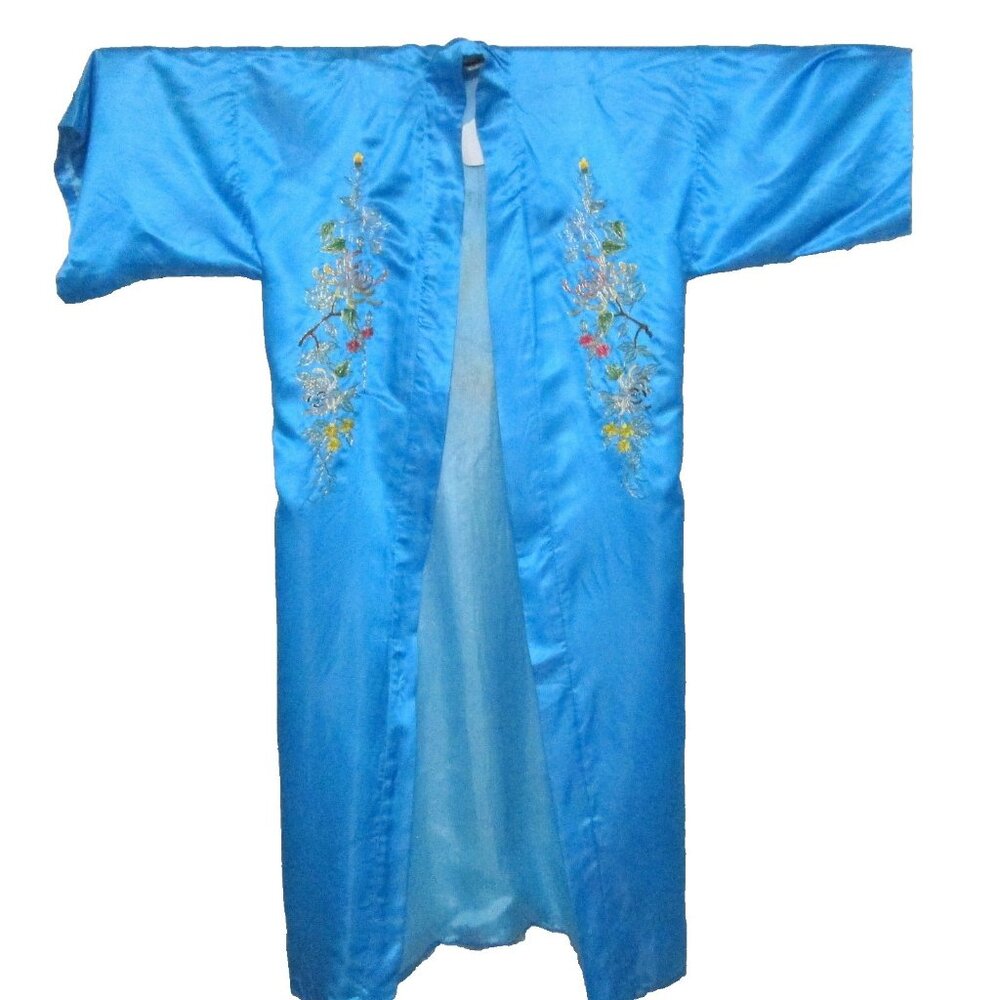 Vintage Silver Osmanthus Silk Embroidered Maxi Robe Light Blue M -Small Flaws-